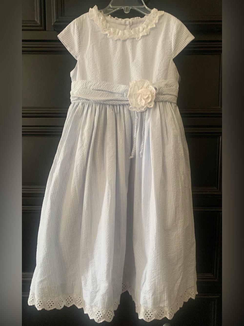 Light Blue and White Girls' Seersucker Dress with Floral Sash